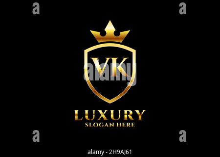 VK elegant luxury monogram logo or badge template with scrolls and royal crown - perfect for luxurious branding projects Stock Vector