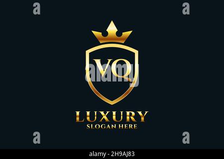 VQ elegant luxury monogram logo or badge template with scrolls and royal crown - perfect for luxurious branding projects Stock Vector