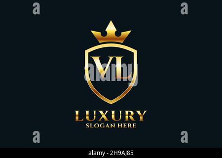VL elegant luxury monogram logo or badge template with scrolls and royal crown - perfect for luxurious branding projects Stock Vector