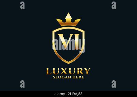 VI elegant luxury monogram logo or badge template with scrolls and royal crown - perfect for luxurious branding projects Stock Vector