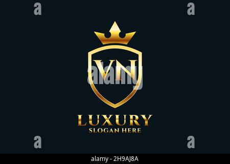 VN elegant luxury monogram logo or badge template with scrolls and royal crown - perfect for luxurious branding projects Stock Vector
