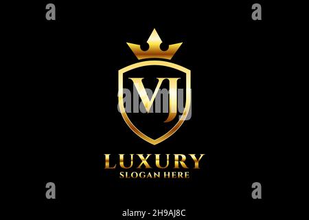 VJ elegant luxury monogram logo or badge template with scrolls and royal crown - perfect for luxurious branding projects Stock Vector