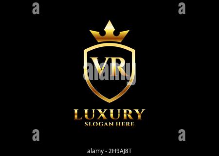 VR elegant luxury monogram logo or badge template with scrolls and royal crown - perfect for luxurious branding projects Stock Vector
