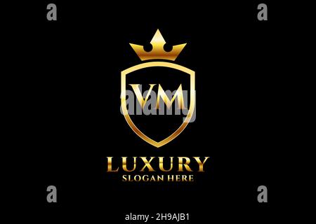 VM elegant luxury monogram logo or badge template with scrolls and royal crown - perfect for luxurious branding projects Stock Vector