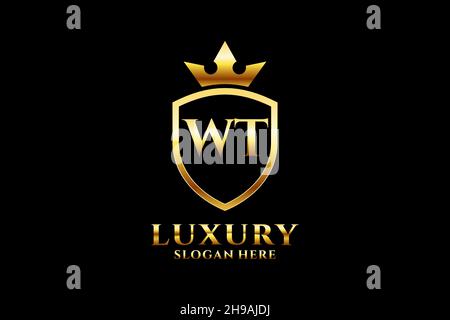 WT elegant luxury monogram logo or badge template with scrolls and royal crown - perfect for luxurious branding projects Stock Vector