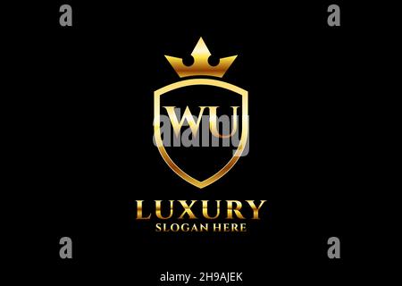 WU elegant luxury monogram logo or badge template with scrolls and royal crown - perfect for luxurious branding projects Stock Vector