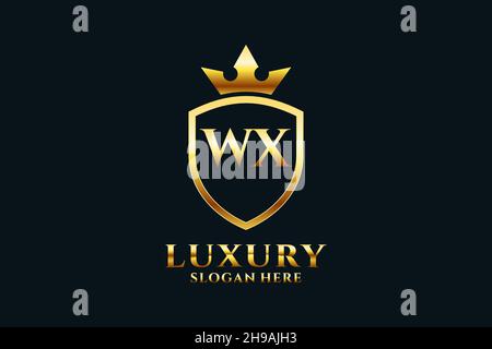 WX elegant luxury monogram logo or badge template with scrolls and royal crown - perfect for luxurious branding projects Stock Vector