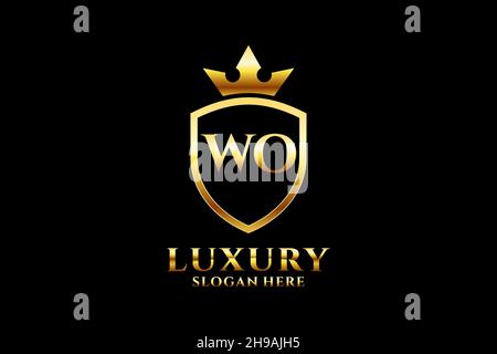 WO elegant luxury monogram logo or badge template with scrolls and royal crown - perfect for luxurious branding projects Stock Vector