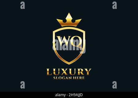 WQ elegant luxury monogram logo or badge template with scrolls and royal crown - perfect for luxurious branding projects Stock Vector