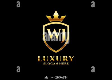 WJ elegant luxury monogram logo or badge template with scrolls and royal crown - perfect for luxurious branding projects Stock Vector