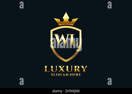 WL elegant luxury monogram logo or badge template with scrolls and royal crown - perfect for luxurious branding projects Stock Vector
