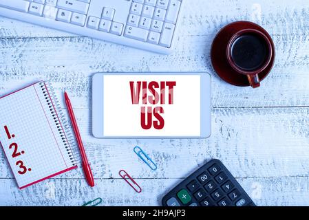 Conceptual caption Visit Us. Word Written on Invitation Watch A web page Link to Homepage Blog Internet Display of Different Color Sticker Notes Stock Photo