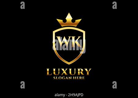 WK elegant luxury monogram logo or badge template with scrolls and royal crown - perfect for luxurious branding projects Stock Vector