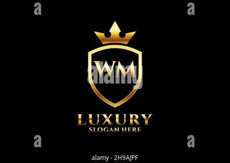 WM elegant luxury monogram logo or badge template with scrolls and royal crown - perfect for luxurious branding projects Stock Vector
