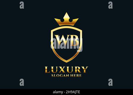 WB elegant luxury monogram logo or badge template with scrolls and royal crown - perfect for luxurious branding projects Stock Vector