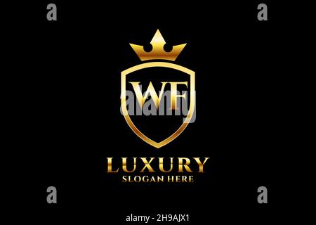 WF elegant luxury monogram logo or badge template with scrolls and royal crown - perfect for luxurious branding projects Stock Vector