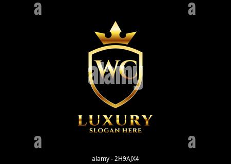 WC elegant luxury monogram logo or badge template with scrolls and royal crown - perfect for luxurious branding projects Stock Vector