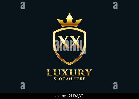 XX elegant luxury monogram logo or badge template with scrolls and royal crown - perfect for luxurious branding projects Stock Vector