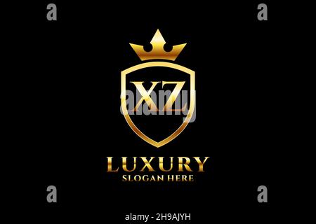 XZ elegant luxury monogram logo or badge template with scrolls and royal crown - perfect for luxurious branding projects Stock Vector