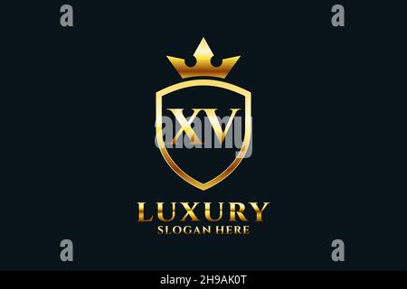 XV elegant luxury monogram logo or badge template with scrolls and royal crown - perfect for luxurious branding projects Stock Vector