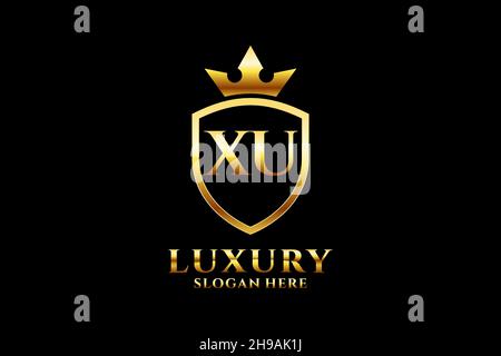 XU elegant luxury monogram logo or badge template with scrolls and royal crown - perfect for luxurious branding projects Stock Vector