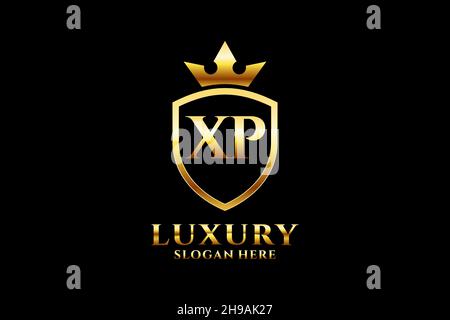 XP elegant luxury monogram logo or badge template with scrolls and royal crown - perfect for luxurious branding projects Stock Vector