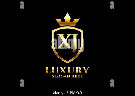 XJ elegant luxury monogram logo or badge template with scrolls and royal crown - perfect for luxurious branding projects Stock Vector