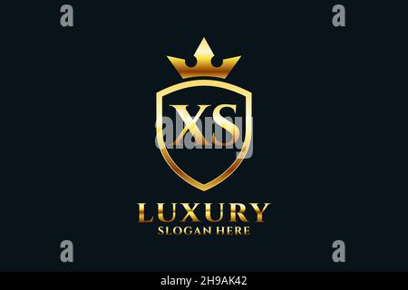 XS elegant luxury monogram logo or badge template with scrolls and royal crown - perfect for luxurious branding projects Stock Vector
