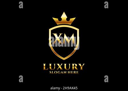 XM elegant luxury monogram logo or badge template with scrolls and royal crown - perfect for luxurious branding projects Stock Vector