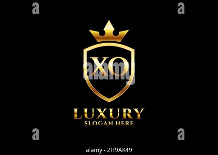 XO elegant luxury monogram logo or badge template with scrolls and royal crown - perfect for luxurious branding projects Stock Vector