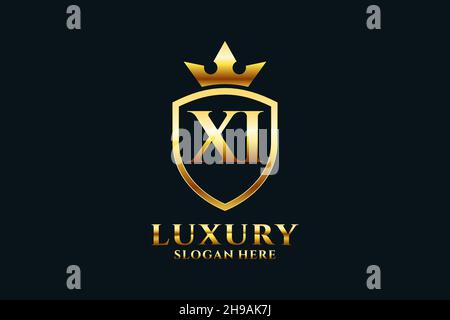 XI elegant luxury monogram logo or badge template with scrolls and royal crown - perfect for luxurious branding projects Stock Vector
