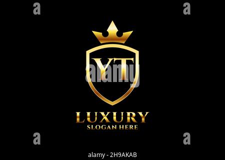 YT elegant luxury monogram logo or badge template with scrolls and royal crown - perfect for luxurious branding projects Stock Vector