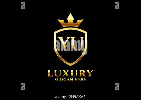 YU elegant luxury monogram logo or badge template with scrolls and royal crown - perfect for luxurious branding projects Stock Vector