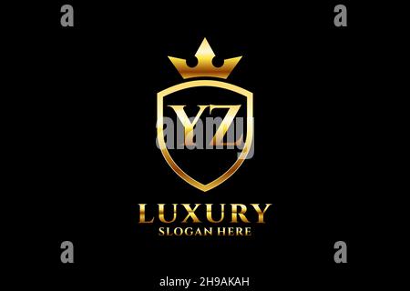 YZ elegant luxury monogram logo or badge template with scrolls and royal crown - perfect for luxurious branding projects Stock Vector