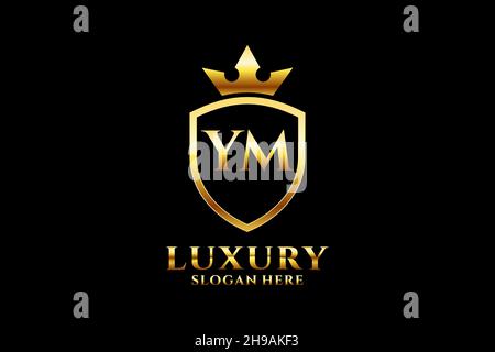 YM elegant luxury monogram logo or badge template with scrolls and royal crown - perfect for luxurious branding projects Stock Vector