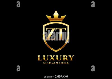 ZT elegant luxury monogram logo or badge template with scrolls and royal crown - perfect for luxurious branding projects Stock Vector