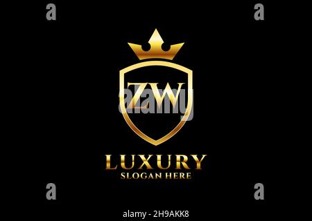 ZW elegant luxury monogram logo or badge template with scrolls and royal crown - perfect for luxurious branding projects Stock Vector
