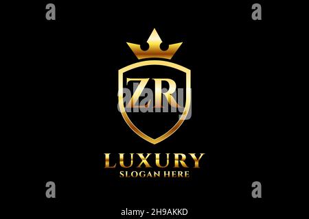 ZR elegant luxury monogram logo or badge template with scrolls and royal crown - perfect for luxurious branding projects Stock Vector
