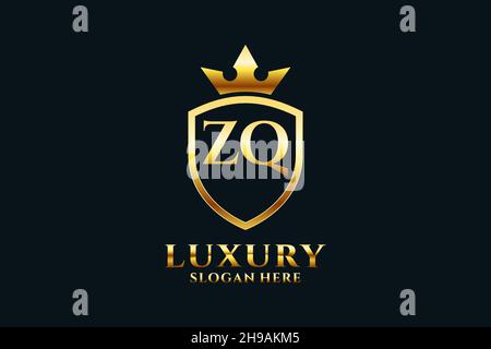 ZQ elegant luxury monogram logo or badge template with scrolls and royal crown - perfect for luxurious branding projects Stock Vector