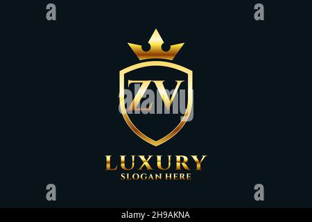 ZV elegant luxury monogram logo or badge template with scrolls and royal crown - perfect for luxurious branding projects Stock Vector