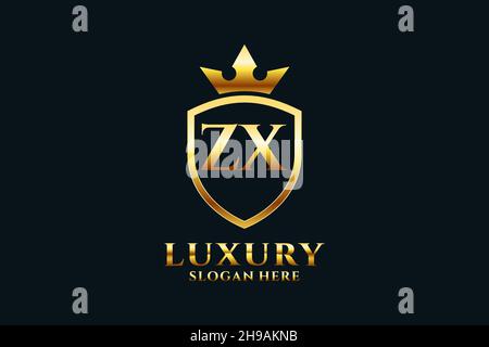 ZX elegant luxury monogram logo or badge template with scrolls and royal crown - perfect for luxurious branding projects Stock Vector