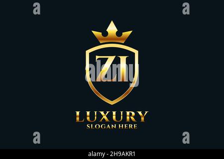 ZI elegant luxury monogram logo or badge template with scrolls and royal crown - perfect for luxurious branding projects Stock Vector