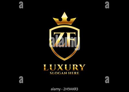 ZF elegant luxury monogram logo or badge template with scrolls and royal crown - perfect for luxurious branding projects Stock Vector