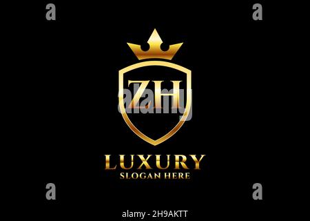 ZH elegant luxury monogram logo or badge template with scrolls and royal crown - perfect for luxurious branding projects Stock Vector