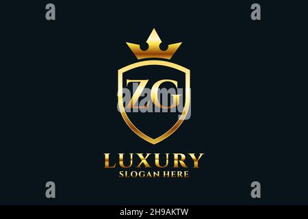 ZG elegant luxury monogram logo or badge template with scrolls and royal crown - perfect for luxurious branding projects Stock Vector