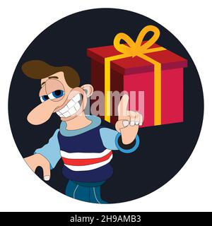 Man with a cheeky smile and big nose pointing at a present sticker label Stock Vector