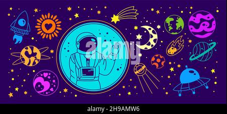 Space doodle bright set. Astronomical hand drawn planets, rocket, comet and stars, sun, constellations and astronaut. Retro style children spacecraft and celestial bodies, astronomy multicolor vector Stock Vector