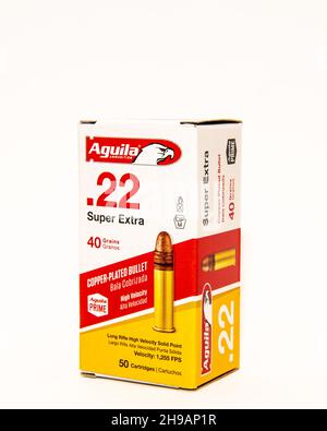 Image of a box of 50 Aguila .22 Long Rifle Super Extra copper plated bullet high velocity cartridges, made in Mexico isolated on white Stock Photo