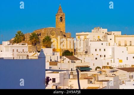 Church of El Divino Salvador with white houses, Vejer de la Frontera, Cadiz Province, Andalusia Autonomous Community, Spain Stock Photo