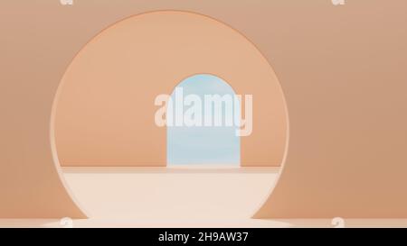 Circle and arch door in orange pastel background. product presentation, scene for product display. Modern display design concept. 3d rendering, 3d ill Stock Photo